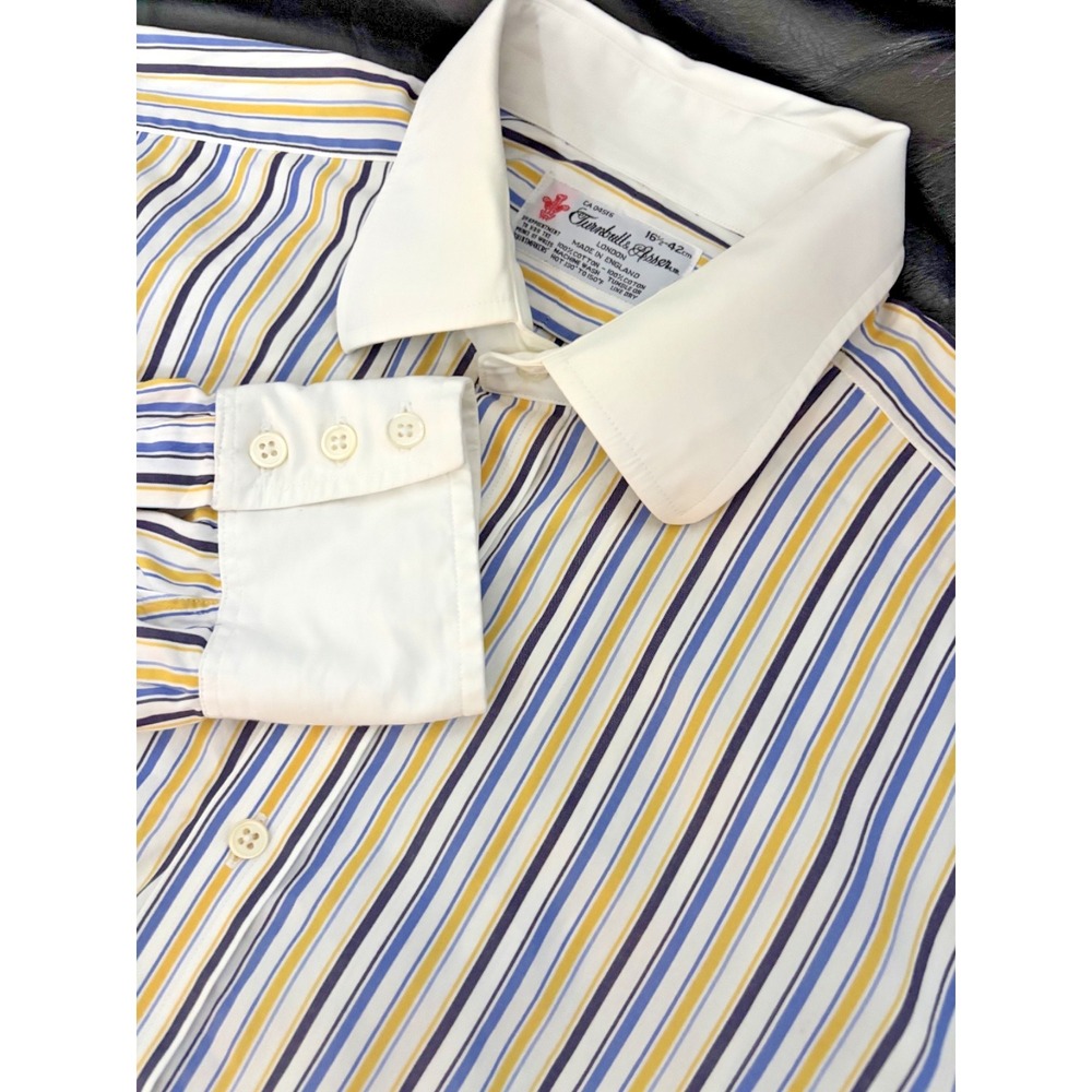 Turnbull & Asser Dress Shirt french cuff contrast collar striped Men's 16.5-42